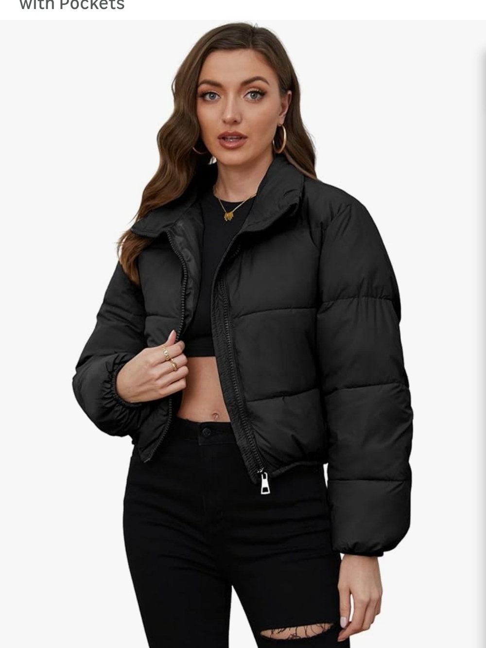 Cropped Black Puffer Jacket With High Stand Collar
